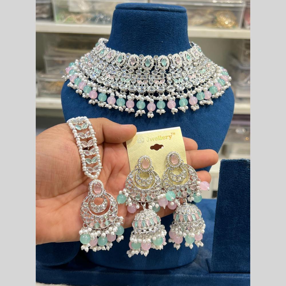 Hira Collections Silver Plated Crystal Stone And Pearls Beads Choker Necklace Set