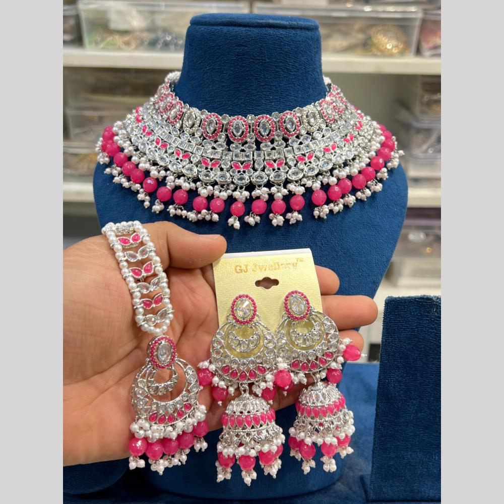 Hira Collections Silver Plated Crystal Stone And Pearls Beads Choker Necklace Set