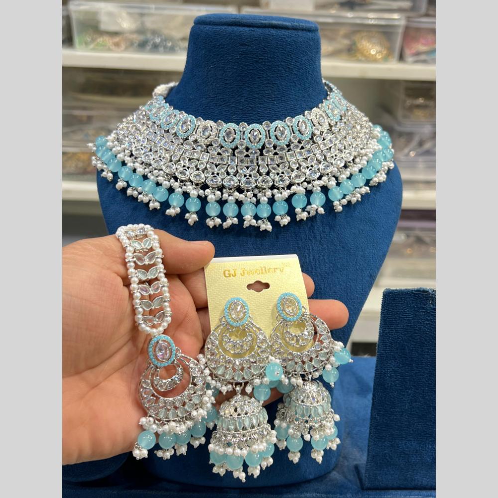 Hira Collections Silver Plated Crystal Stone And Pearls Beads Choker Necklace Set