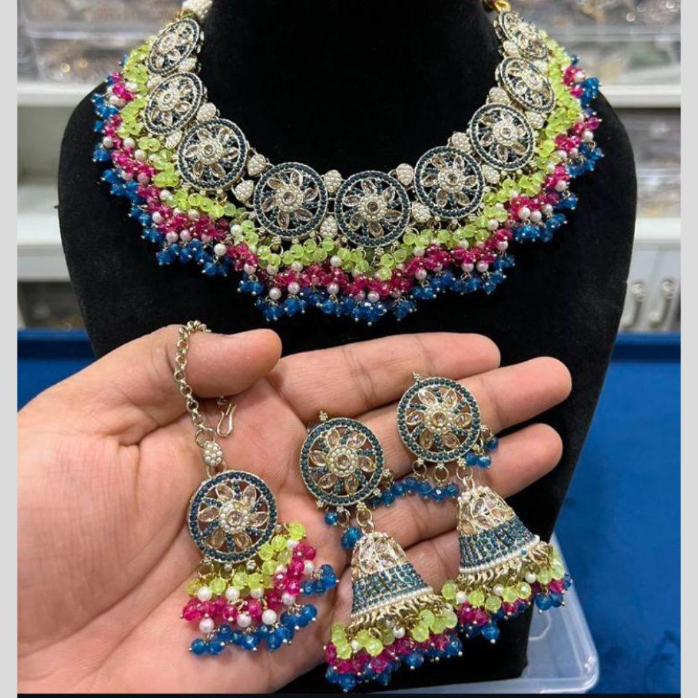 Hira Collections Gold Plated Crystal Stone And Pearls Beads Necklace Set