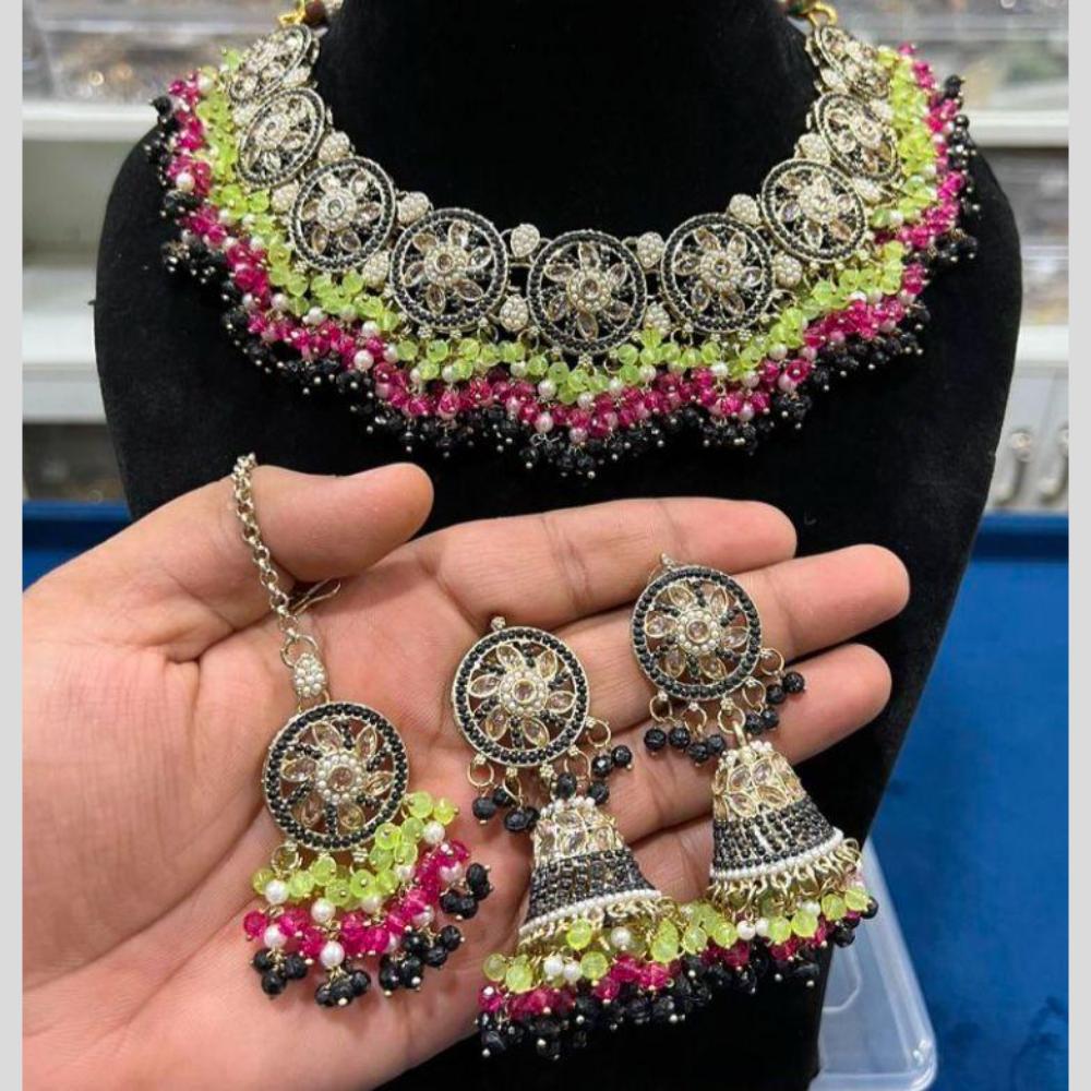 Hira Collections Gold Plated Crystal Stone And Pearls Beads Necklace Set