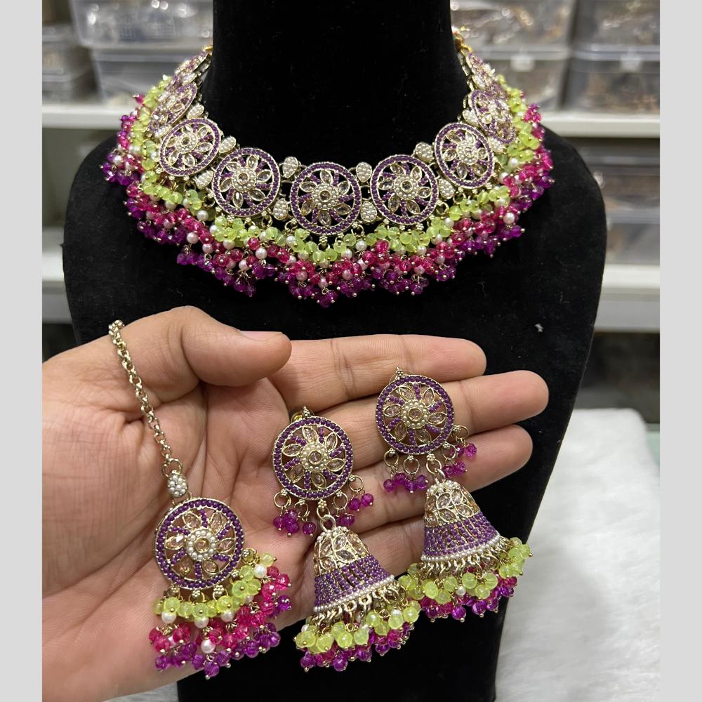 Hira Collections Gold Plated Crystal Stone And Pearls Beads Choker Necklace Set