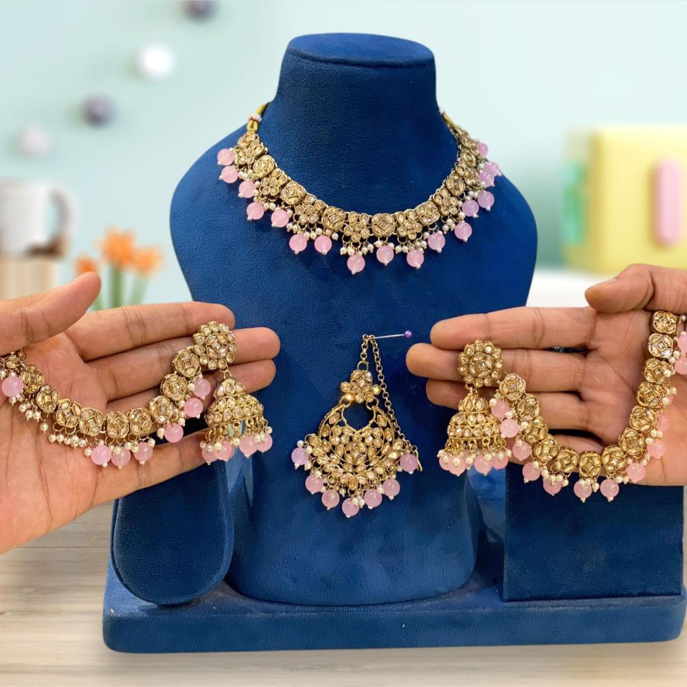 Hira Collections Gold Plated Crystal Stone And Pearls Beads Necklace Set