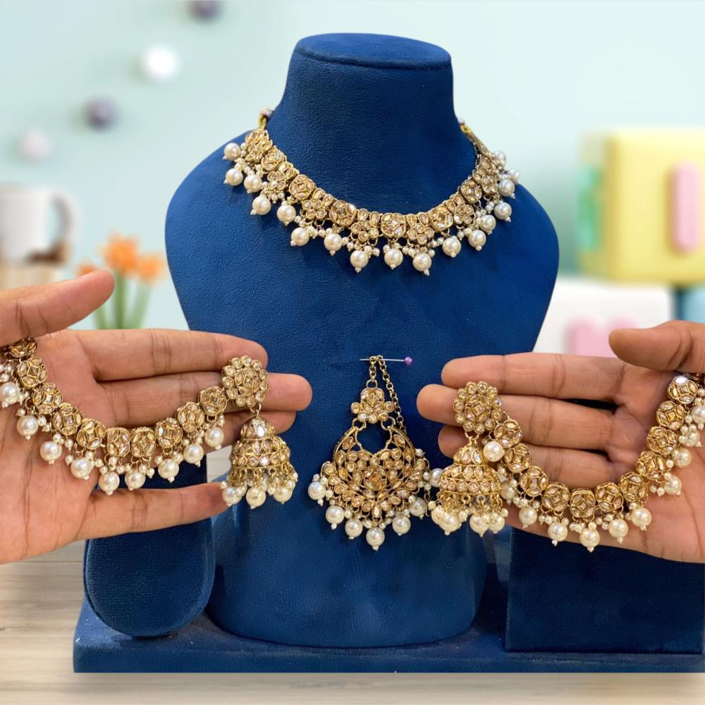 Hira Collections Gold Plated Crystal Stone And Pearls Beads Necklace Set