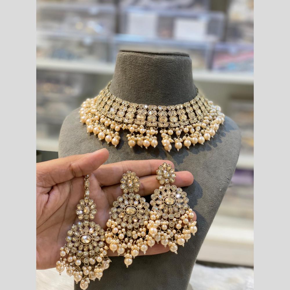 Hira Collections Gold Plated Crystal Stone And Pearls Beads Necklace Set