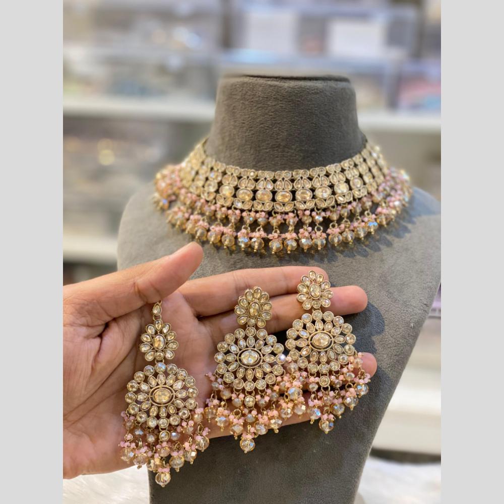 Hira Collections Gold Plated Crystal Stone And Pearls Beads Necklace Set