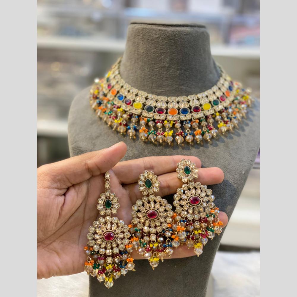 Hira Collections Gold Plated Crystal Stone And Pearls Beads Necklace Set