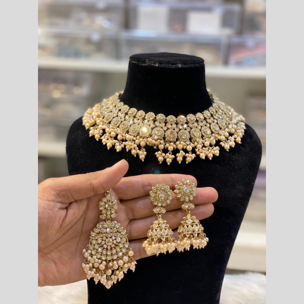 Hira Collections Gold Plated Crystal Stone And Pearls Beads Necklace Set