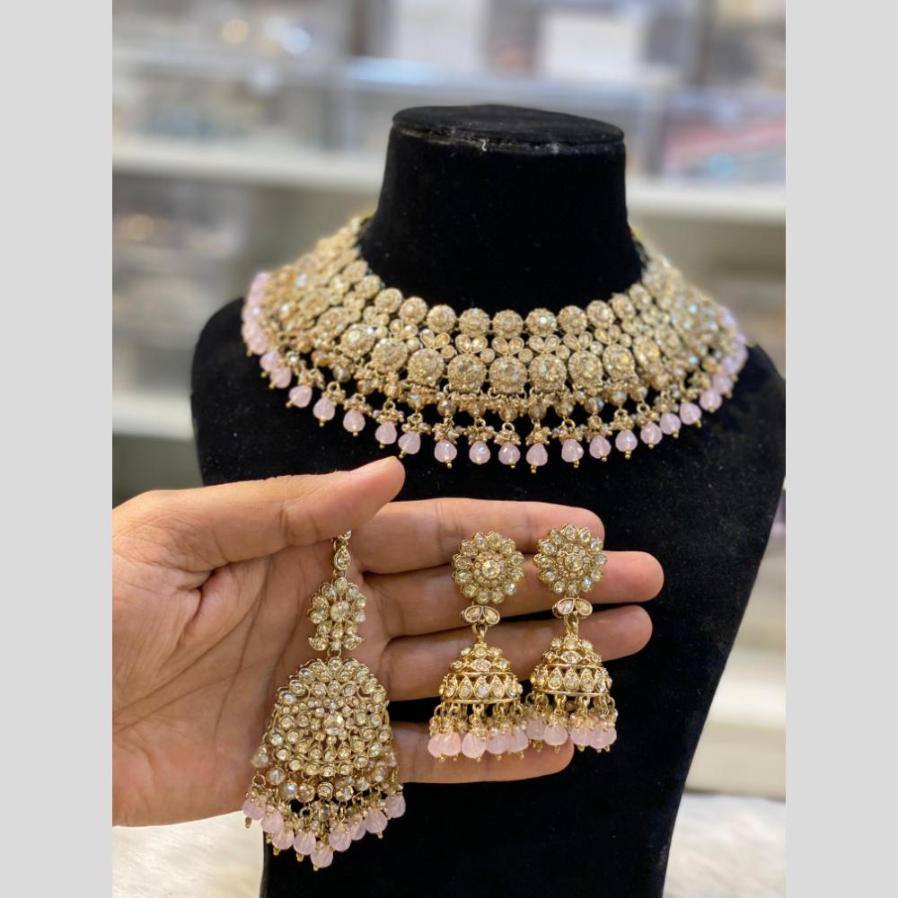 Hira Collections Gold Plated Crystal Stone And Pearls Beads Necklace Set