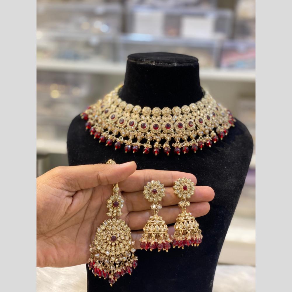 Hira Collections Gold Plated Crystal Stone And Pearls Beads Necklace Set