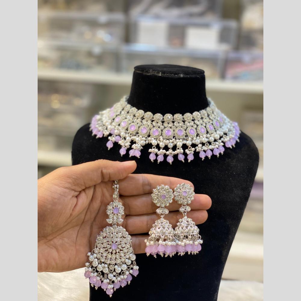 Hira Collections Silver Plated Crystal Stone And Pearls Choker Necklace Set