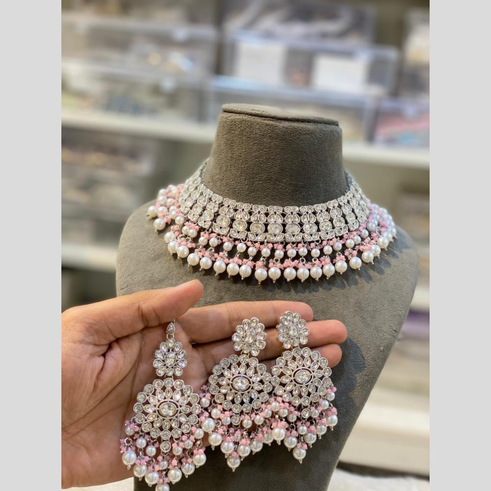 Hira Collections Silver Plated Crystal Stone And Pearls Choker Necklace Set