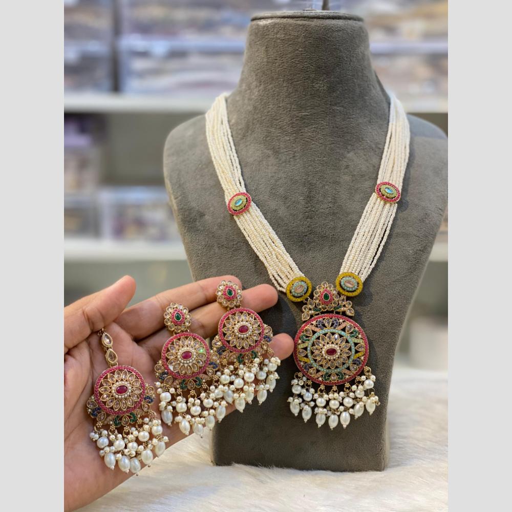 Hira Collections Modern Crystal Stone And Pearl Rani Har Modern Brides Long Necklace Set