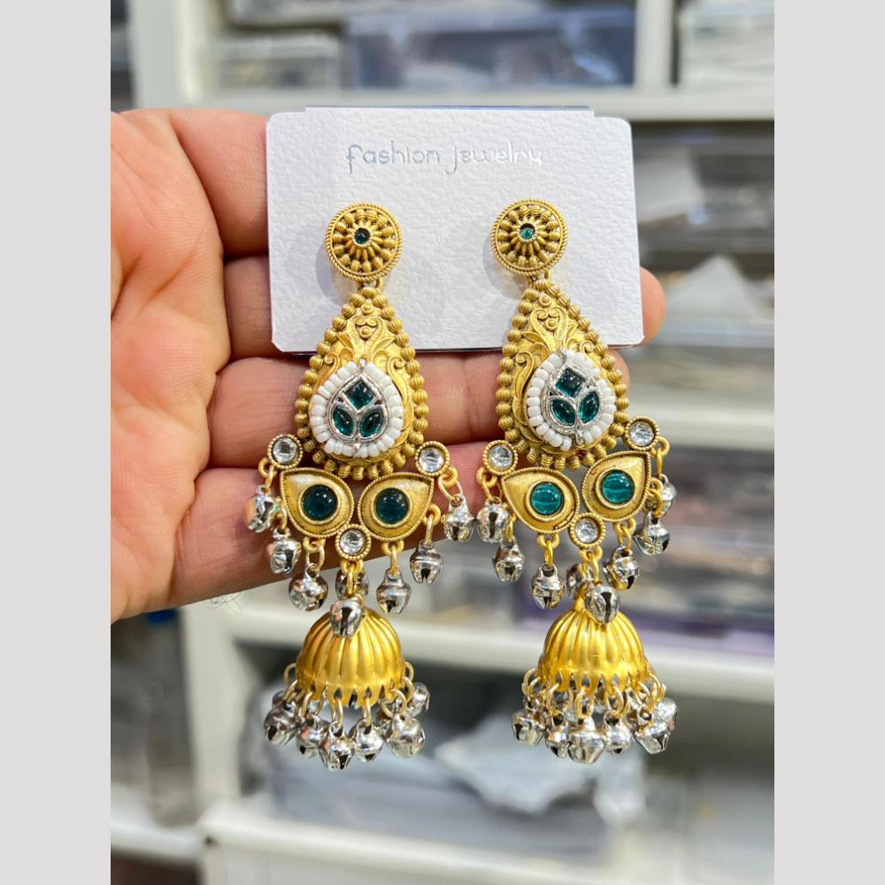 Hira Collections Elegant Dual Finish Pota Stone And Ghungroo Jhumki Earrings