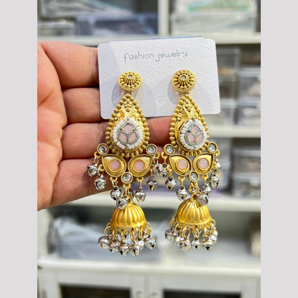 Hira Collections Elegant Dual Finish Pota Stone And Ghungroo Jhumki Earrings