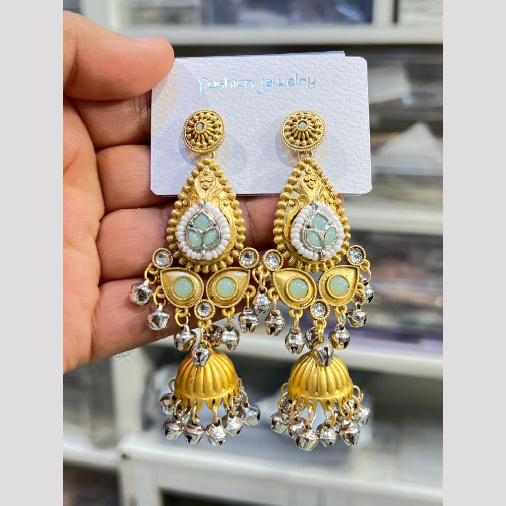 Hira Collections Elegant Dual Finish Pota Stone And Ghungroo Jhumki Earrings