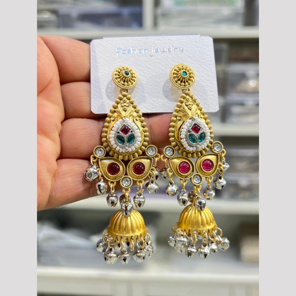 Hira Collections Elegant Dual Finish Pota Stone And Ghungroo Jhumki Earrings