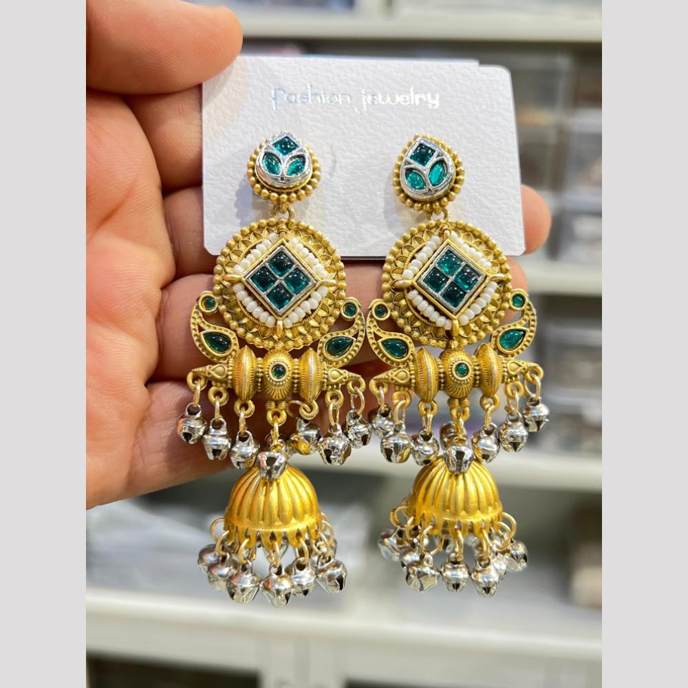 Hira Collections Elegant Dual Finish Pota Stone And Ghungroo Jhumki Earrings