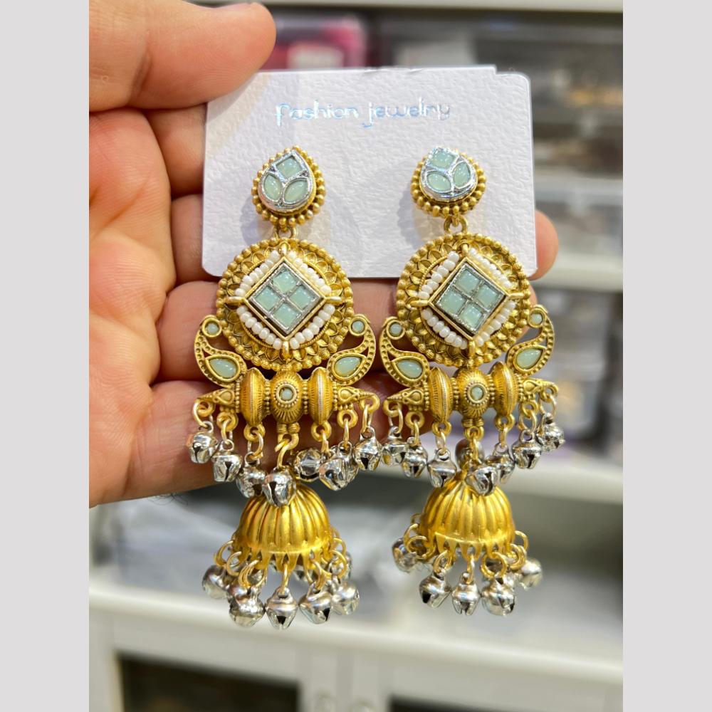 Hira Collections Elegant Dual Finish Pota Stone And Ghungroo Jhumki Earrings