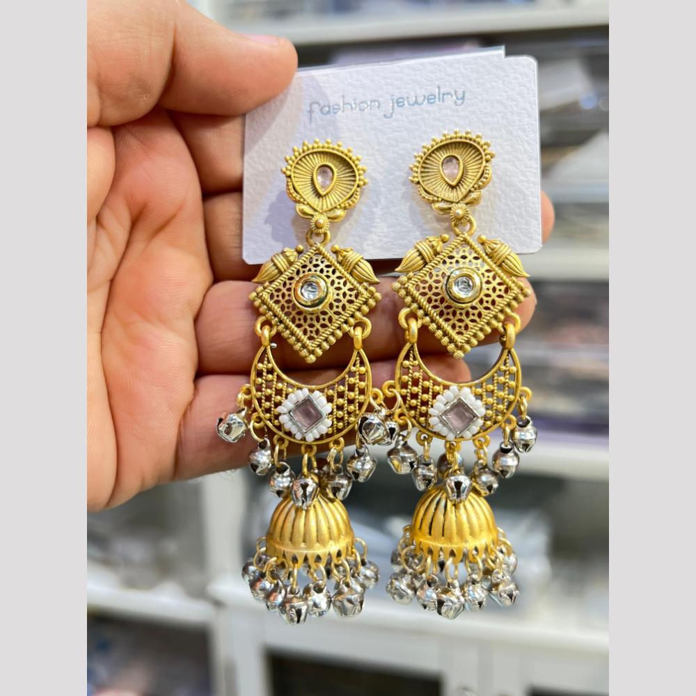 Hira Collections Elegant Dual Finish Pota Stone And Ghungroo Jhumki Earrings