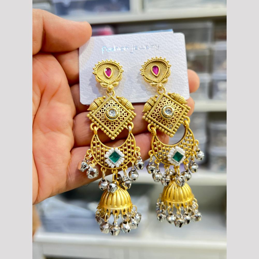 Hira Collections Elegant Dual Finish Pota Stone And Ghungroo Jhumki Earrings