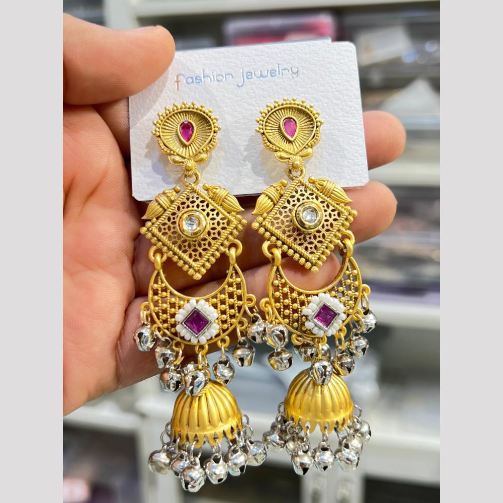 Hira Collections Elegant Dual Finish Pota Stone And Ghungroo Jhumki Earrings
