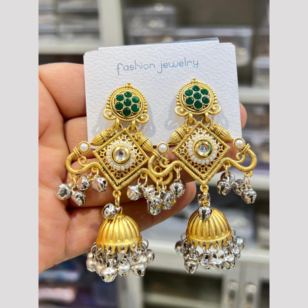 Hira Collections Elegant Dual Finish Pota Stone And Ghungroo Jhumki Earrings