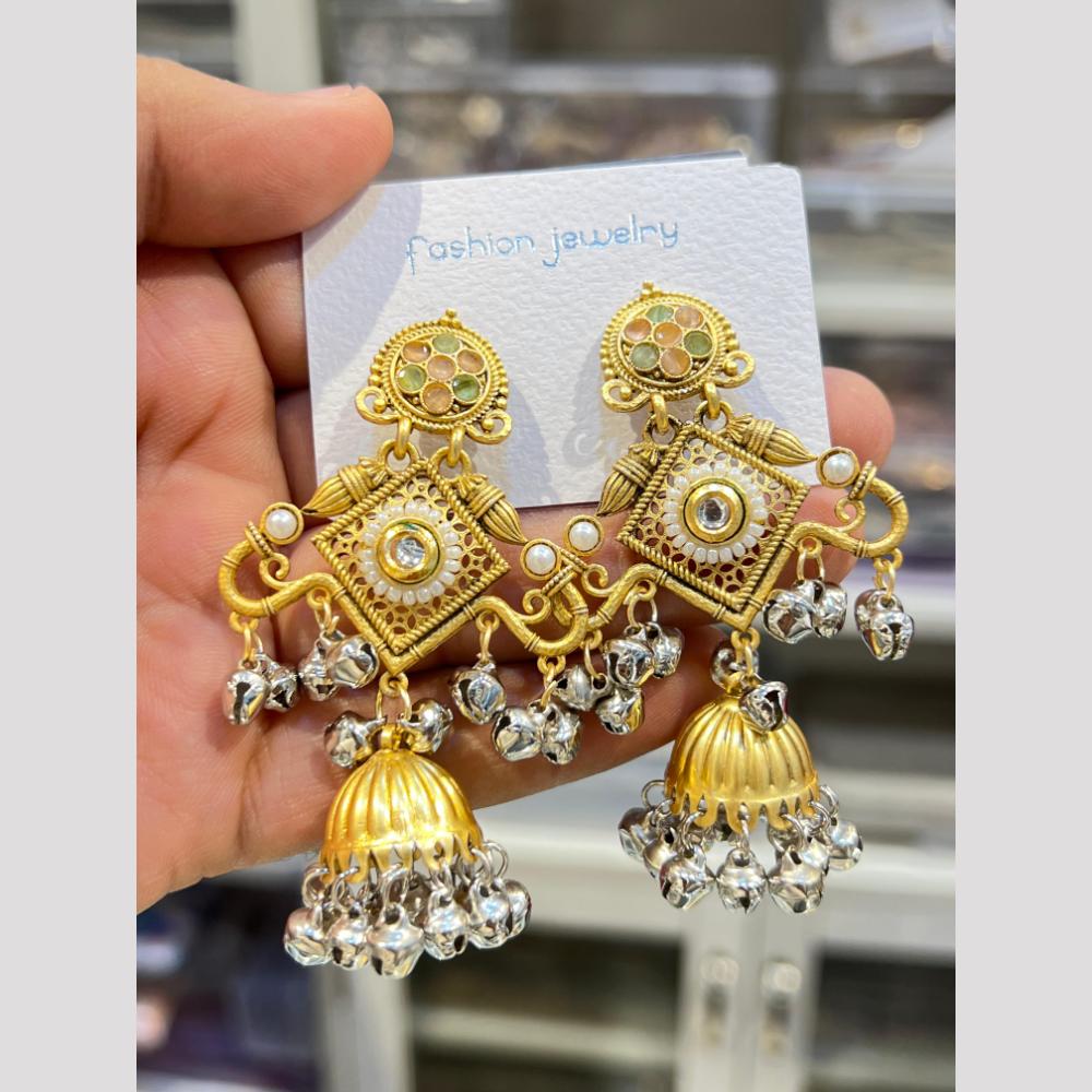 Hira Collections Elegant Dual Finish Pota Stone And Ghungroo Jhumki Earrings