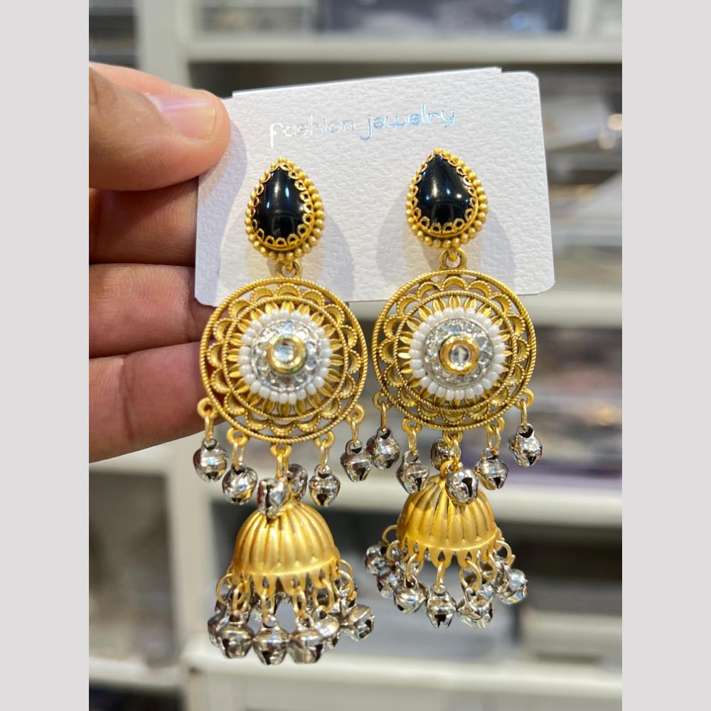 Hira Collections Elegant Dual Finish Pota Stone And Ghungroo Jhumki Earrings