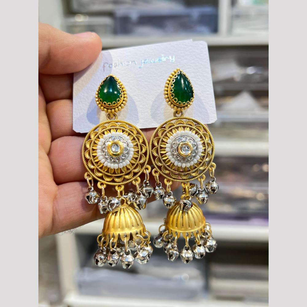 Hira Collections Elegant Dual Finish Pota Stone And Ghungroo Jhumki Earrings