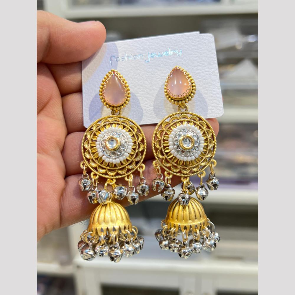 Hira Collections Elegant Dual Finish Pota Stone And Ghungroo Jhumki Earrings