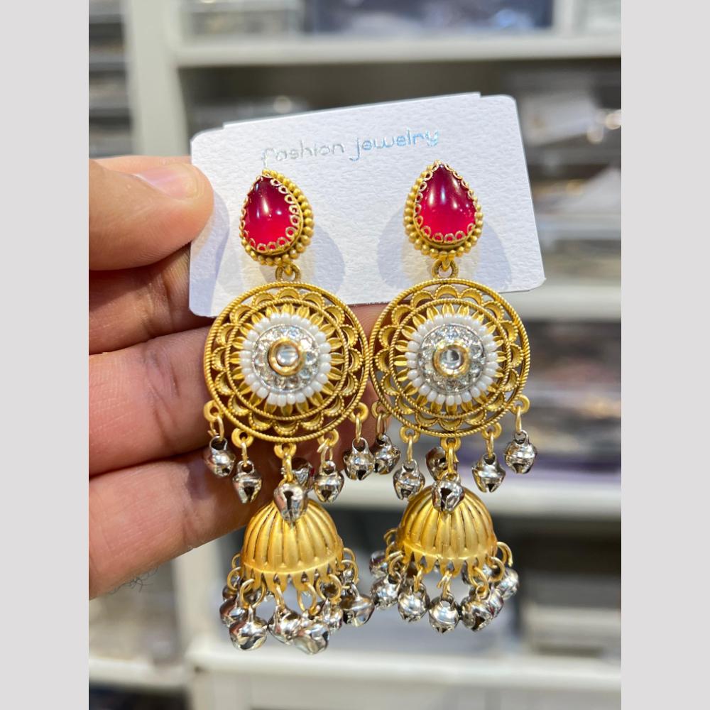 Hira Collections Elegant Dual Finish Pota Stone And Ghungroo Jhumki Earrings