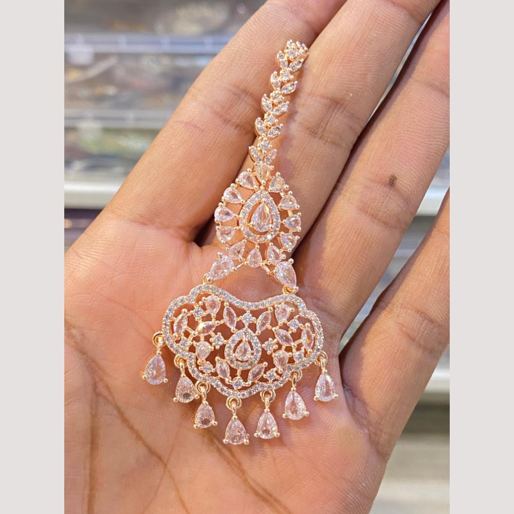Hira Collections Elegant Rose Gold Plated American Diamond Maang Tikka with Dangling Drops