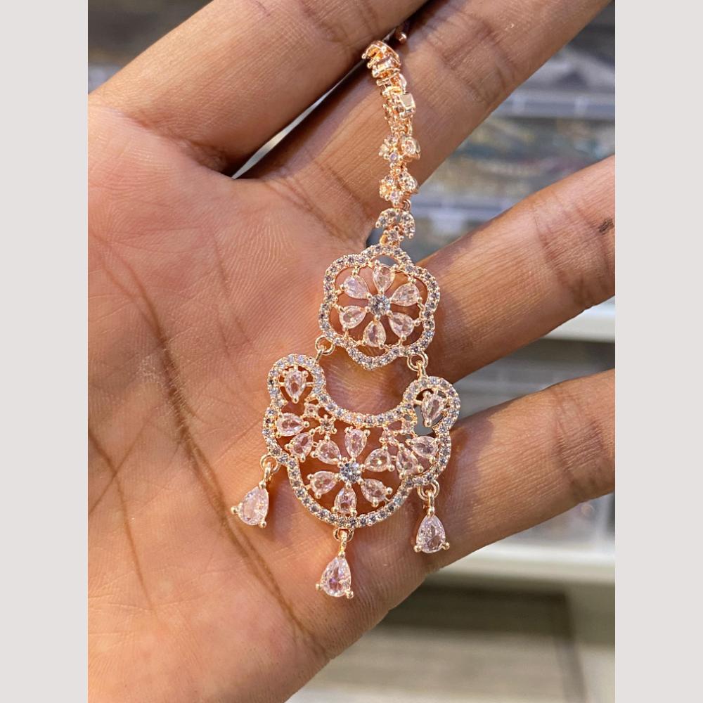Hira Collections Elegant Rose Gold Plated American Diamond Maang Tikka with Dangling Drops