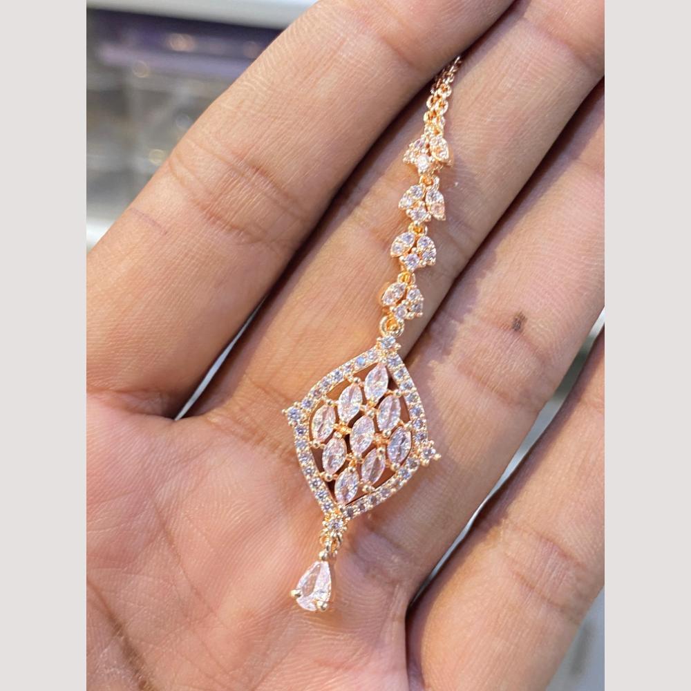 Hira Collections Elegant Rose Gold Plated American Diamond Maang Tikka with Dangling Drops