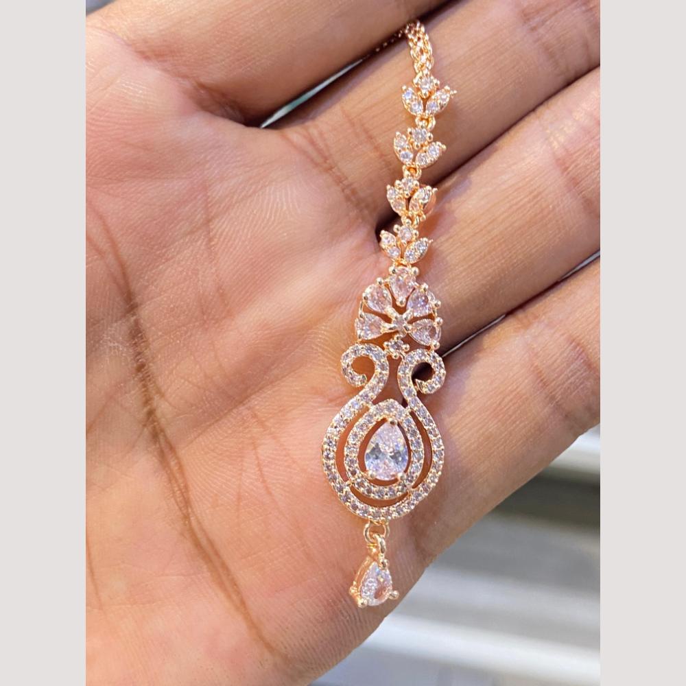 Hira Collections Elegant Rose Gold Plated American Diamond Maang Tikka with Dangling Drops
