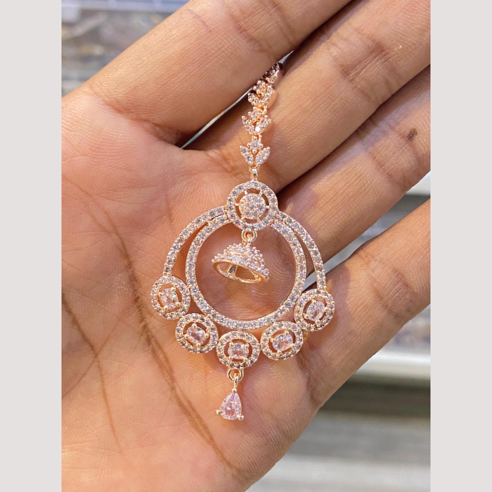Hira Collections Elegant Rose Gold Plated American Diamond Maang Tikka with Dangling Drops