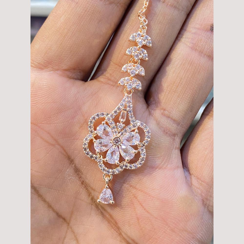 Hira Collections Elegant Rose Gold Plated American Diamond Maang Tikka with Dangling Drops
