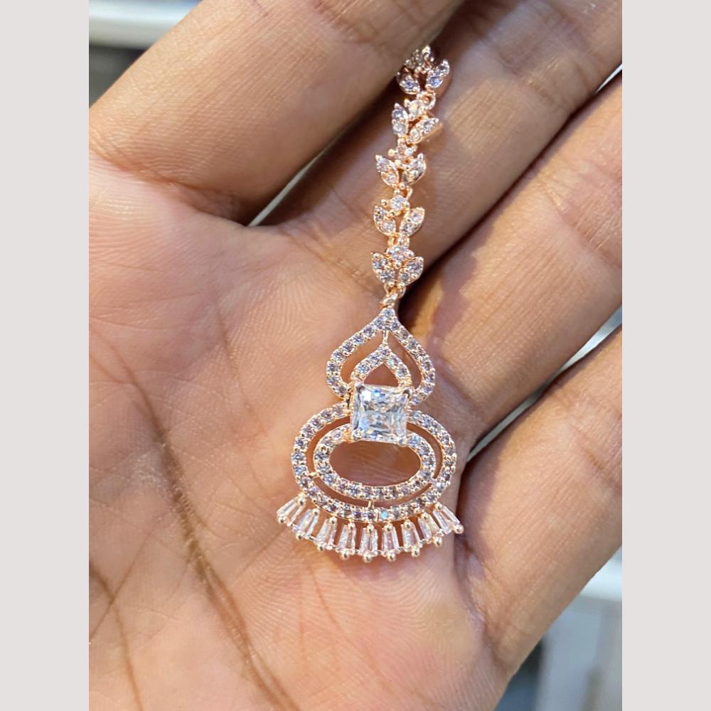 Hira Collections Elegant Rose Gold Plated American Diamond Maang Tikka with Dangling Drops