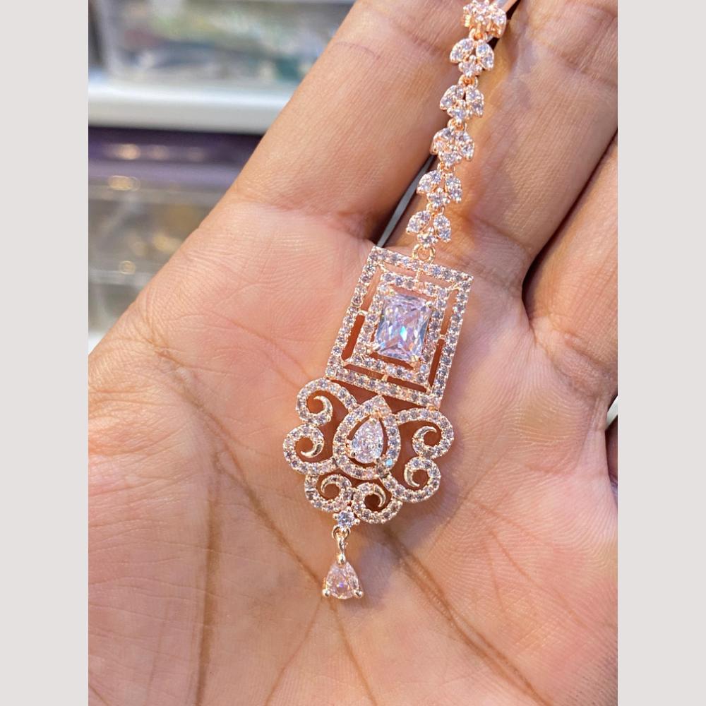 Hira Collections Elegant Rose Gold Plated American Diamond Maang Tikka with Dangling Drops