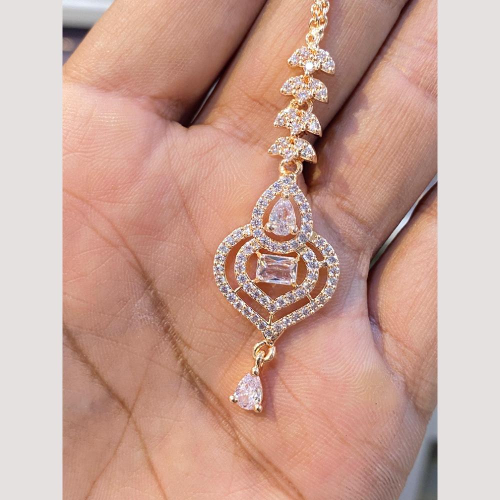 Hira Collections Elegant Rose Gold Plated American Diamond Maang Tikka with Dangling Drops