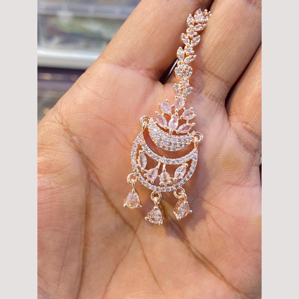 Hira Collections Elegant Rose Gold Plated American Diamond Maang Tikka with Dangling Drops