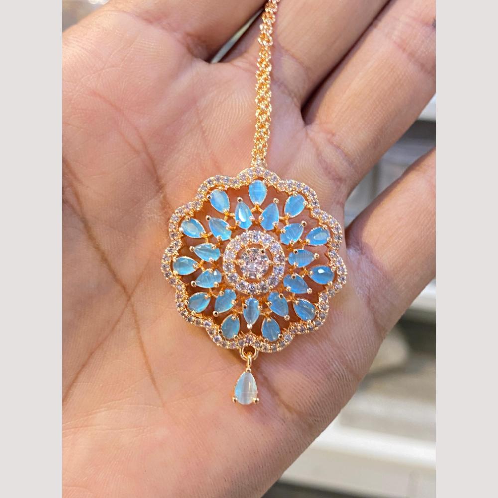 Hira Collections Elegant Gold Plated American Diamond Maang Tikka with Dangling Drops