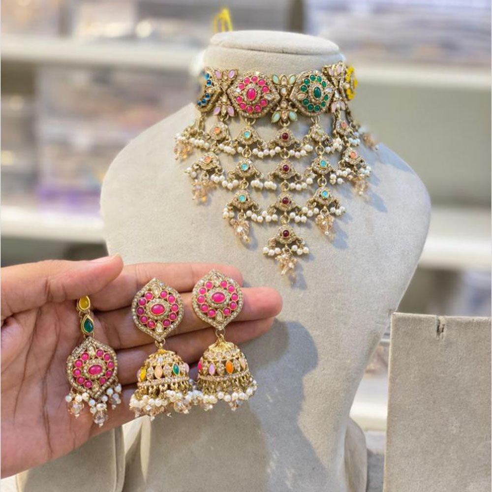 Hira Collections Graceful Crystal Stone And Pearl Choker Necklace Set