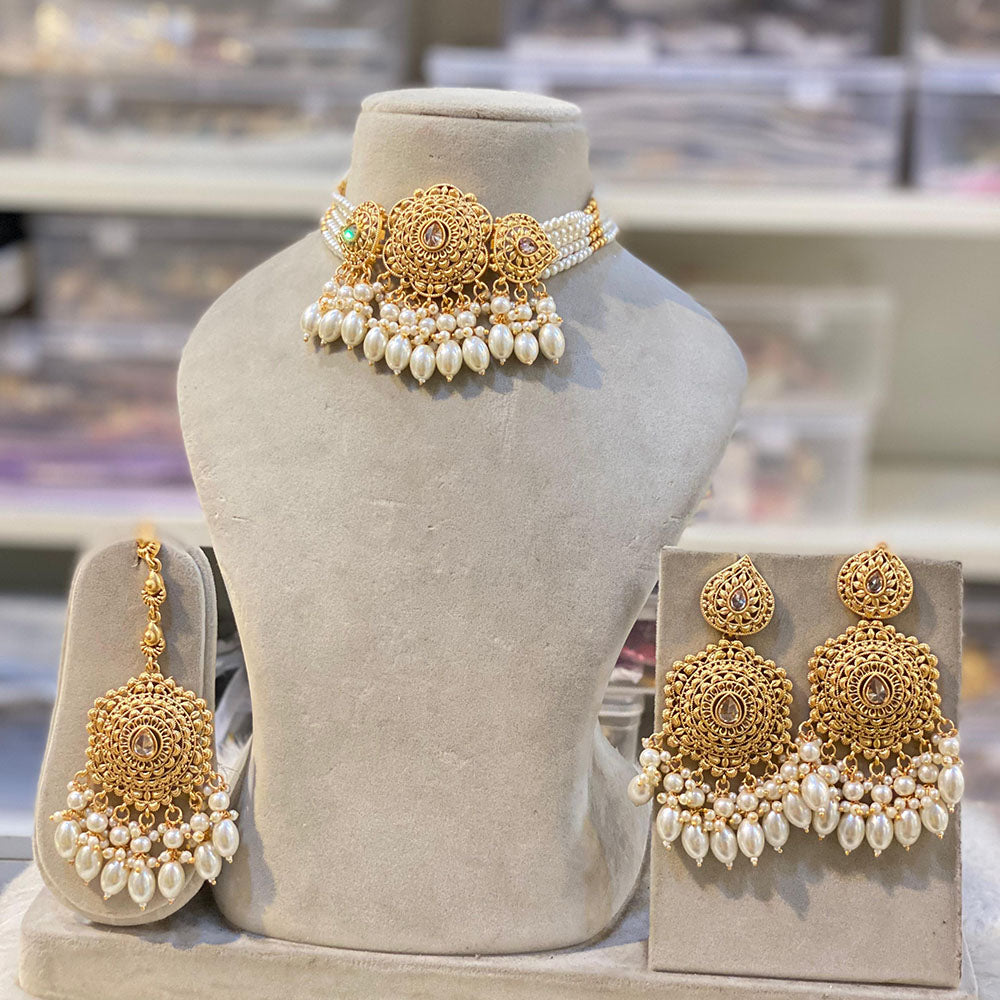 Hira Collection Stylish Crystal And Pearl Stone Choker Necklace Set For All Occassions