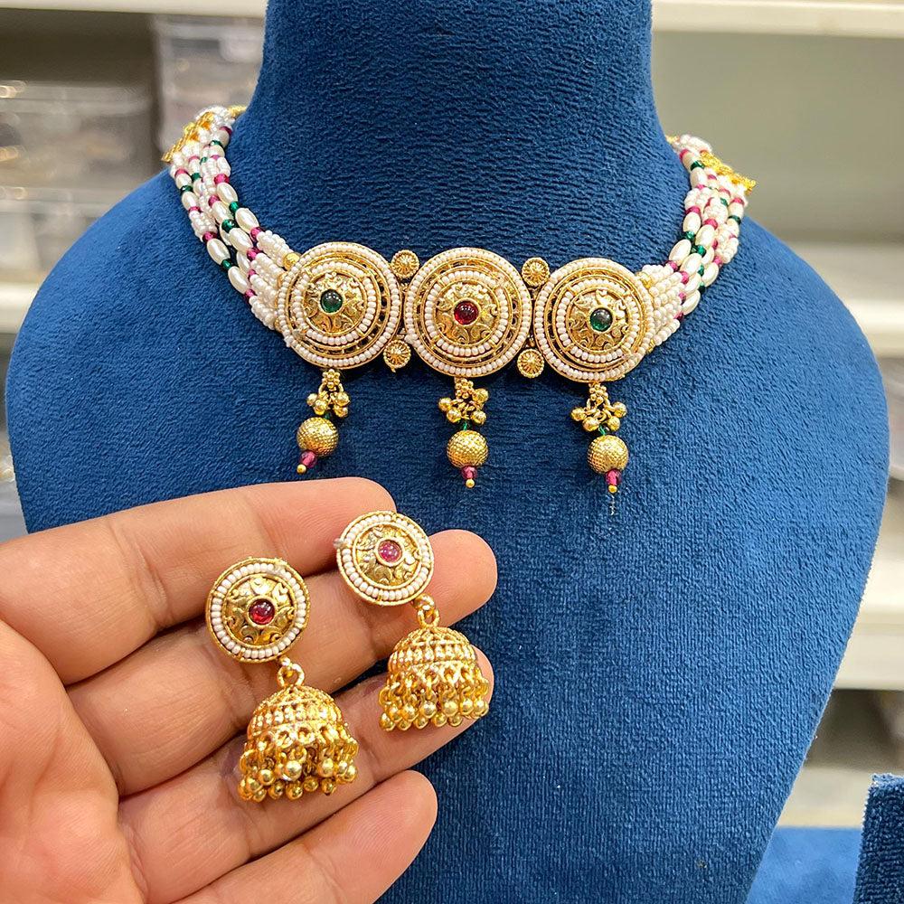 Hira Collection Traditional Pota Stone And Pearl  Choker Necklace Set