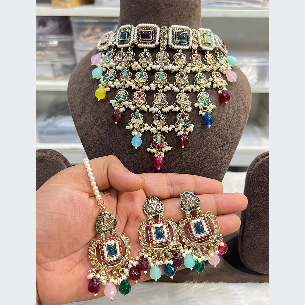 Hira Collections Majestic Pota Stone Pearl And Beads Choker Necklace Set