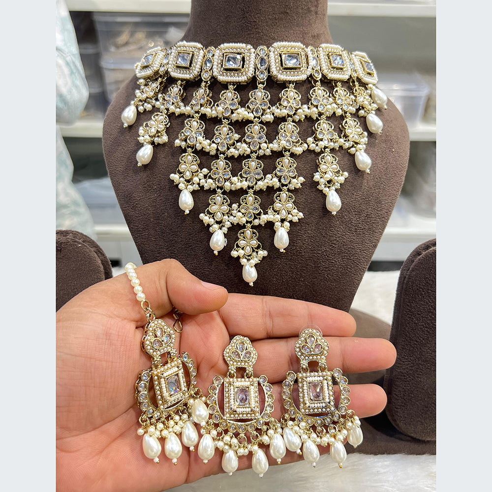 Hira Collections Majestic Pota Stone Pearl And Beads Choker Necklace Set