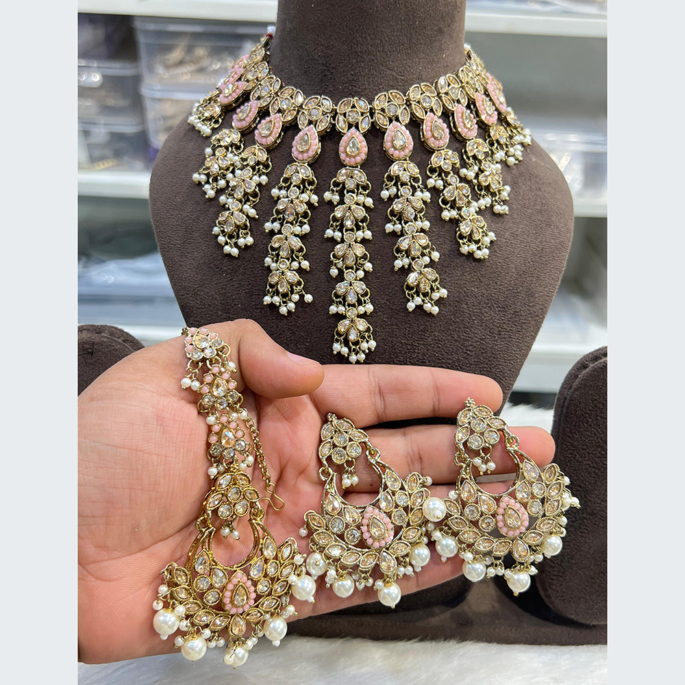 Hira Collections Luxurious Crystal And Beads Pearl Ensemble Choker Necklace Set