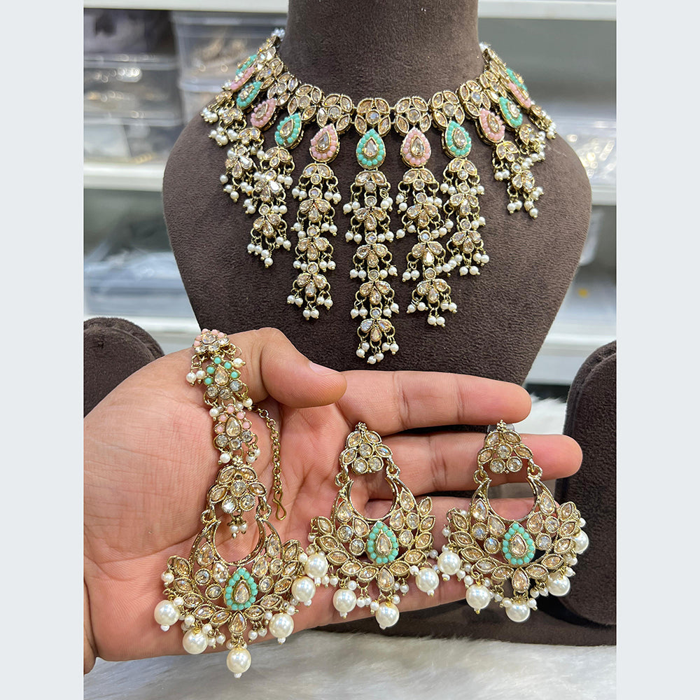 Hira Collections Luxurious Crystal And Beads Pearl Ensemble Choker Necklace Set